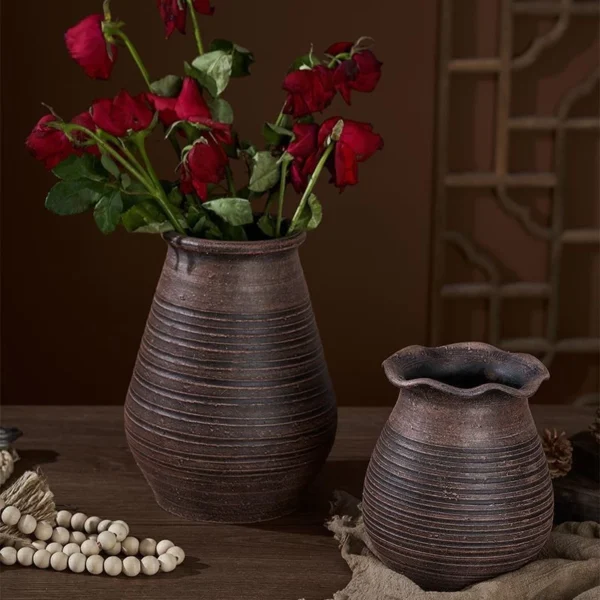 Vintage Crude Pottery Flower Pot & Vase